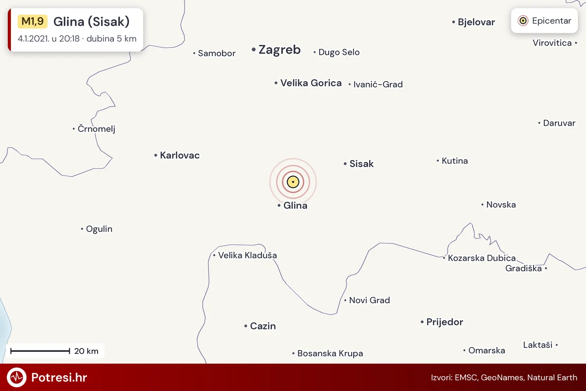 Karta: šire područje i vjerojatni doseg osjeta, potres M1,9, Glina (Sisak), 4.1.2021.