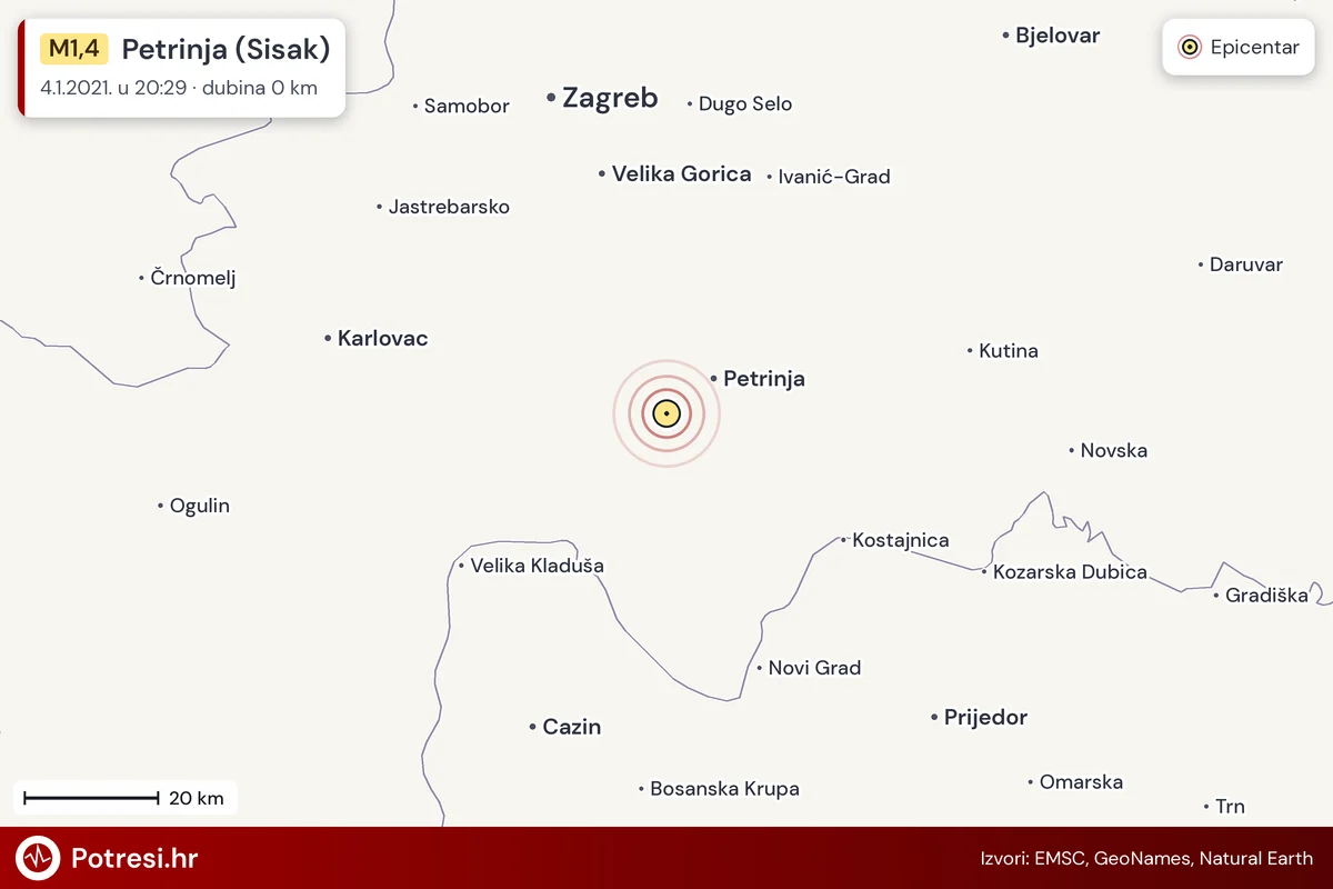Karta: šire područje i vjerojatni doseg osjeta, potres M1,4, Petrinja (Sisak), 4.1.2021.