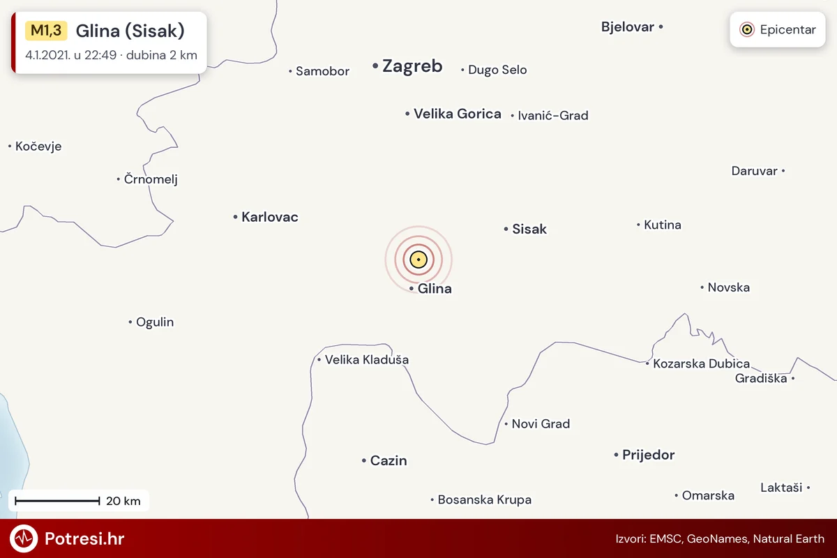 Karta: šire područje i vjerojatni doseg osjeta, potres M1,3, Glina (Sisak), 4.1.2021.
