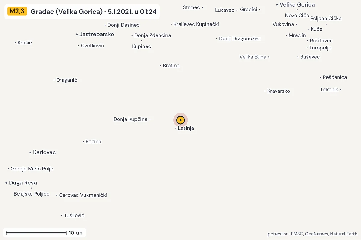 Karta: okolica epicentra, 60 km, potres M2,3, Gradac (Velika Gorica), 5.1.2021.