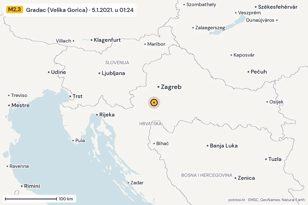 Karta: šire područje, 600 km, potres M2,3, Gradac (Velika Gorica), 5.1.2021.