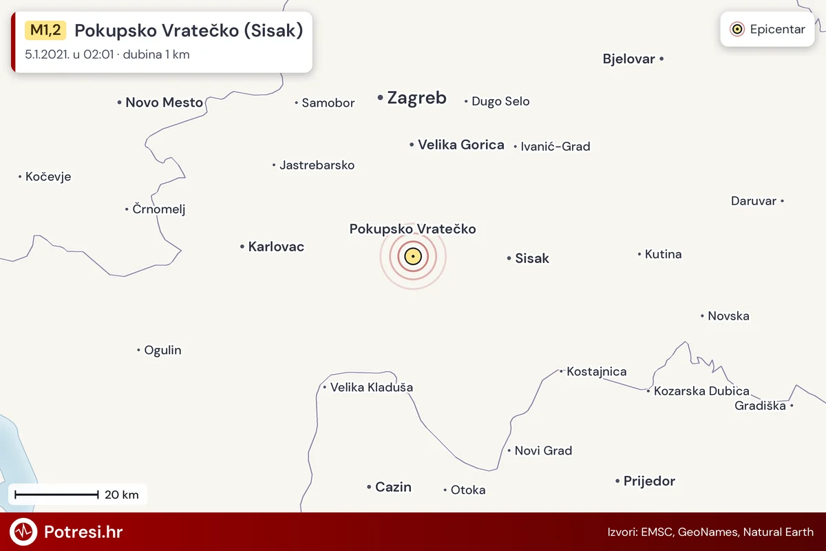 Karta: šire područje i vjerojatni doseg osjeta, potres M1,2, Pokupsko Vratečko (Sisak), 5.1.2021.
