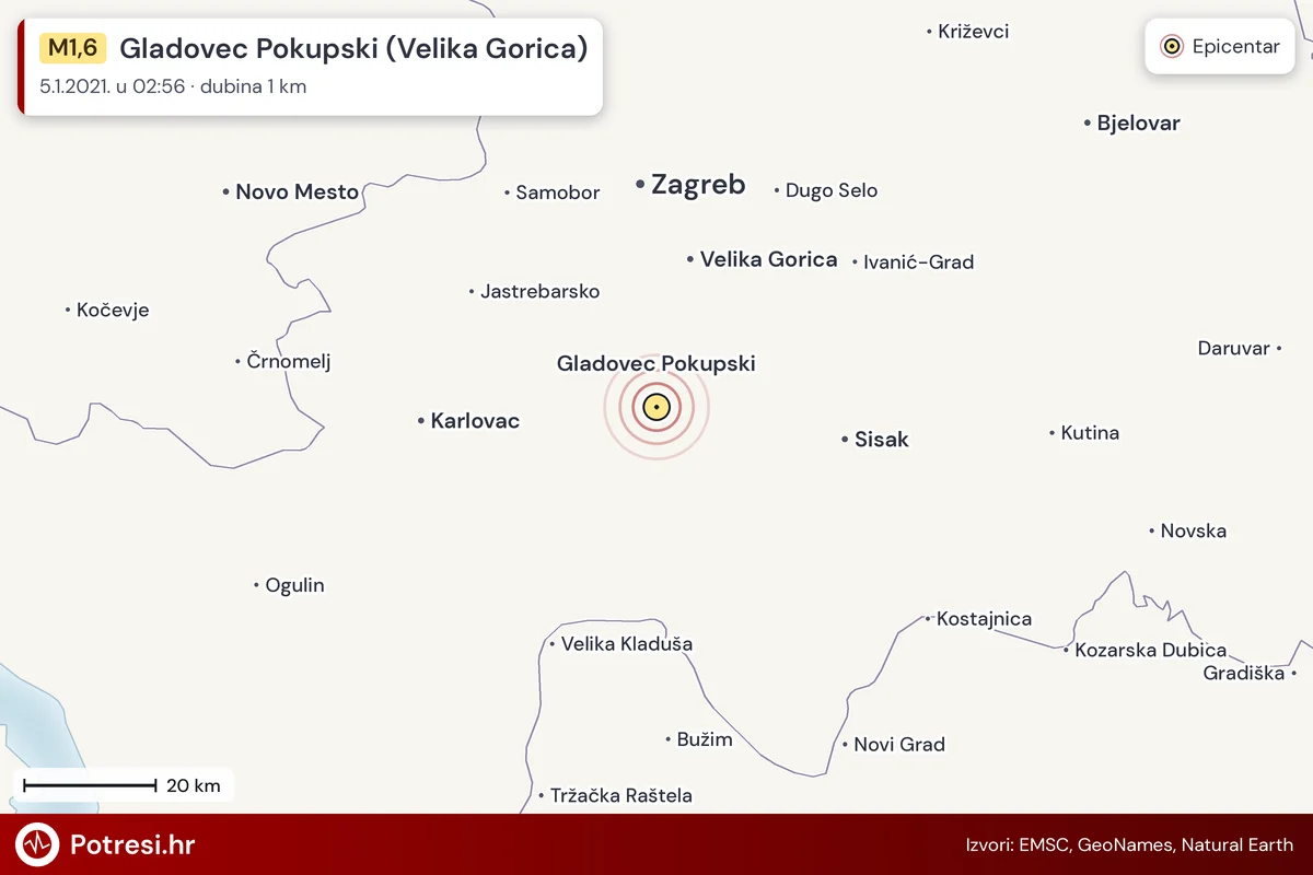 Karta: šire područje i vjerojatni doseg osjeta, potres M1,6, Gladovec Pokupski (Velika Gorica), 5.1.2021.