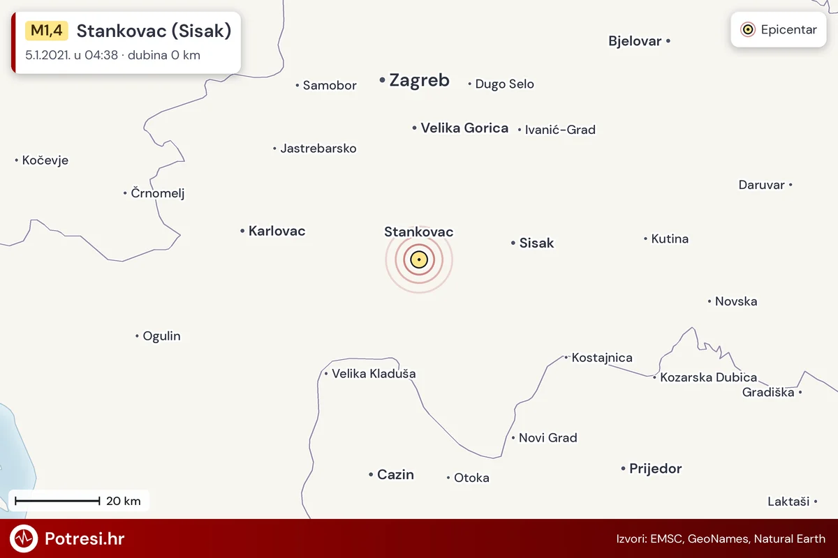 Karta: šire područje i vjerojatni doseg osjeta, potres M1,4, Stankovac (Sisak), 5.1.2021.