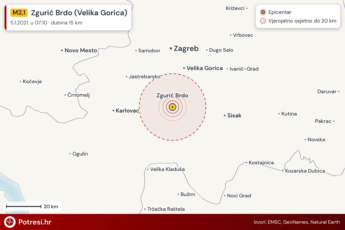 Karta: šire područje i vjerojatni doseg osjeta, potres M2,1, Zgurić Brdo (Velika Gorica), 5.1.2021.