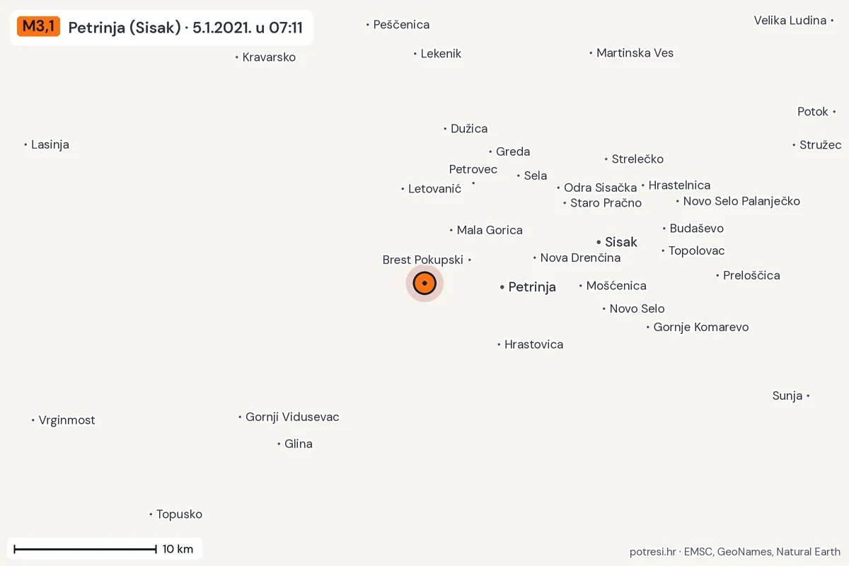 Karta: okolica epicentra, 60 km, potres M3,1, Petrinja (Sisak), 5.1.2021.