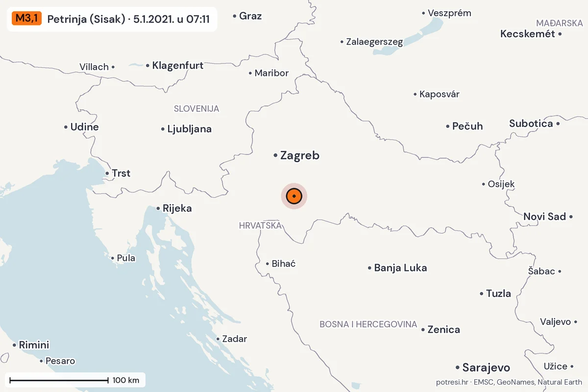 Karta: šire područje, 600 km, potres M3,1, Petrinja (Sisak), 5.1.2021.