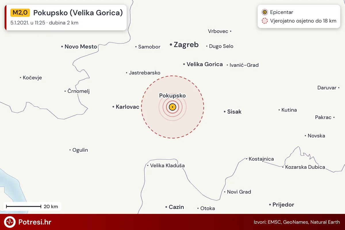 Karta: šire područje i vjerojatni doseg osjeta, potres M2,0, Pokupsko (Velika Gorica), 5.1.2021.
