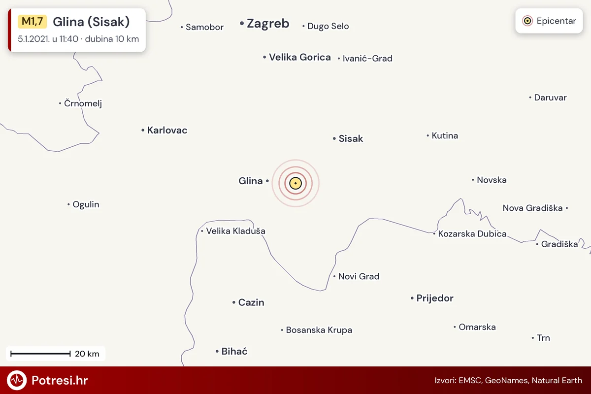 Karta: šire područje i vjerojatni doseg osjeta, potres M1,7, Glina (Sisak), 5.1.2021.