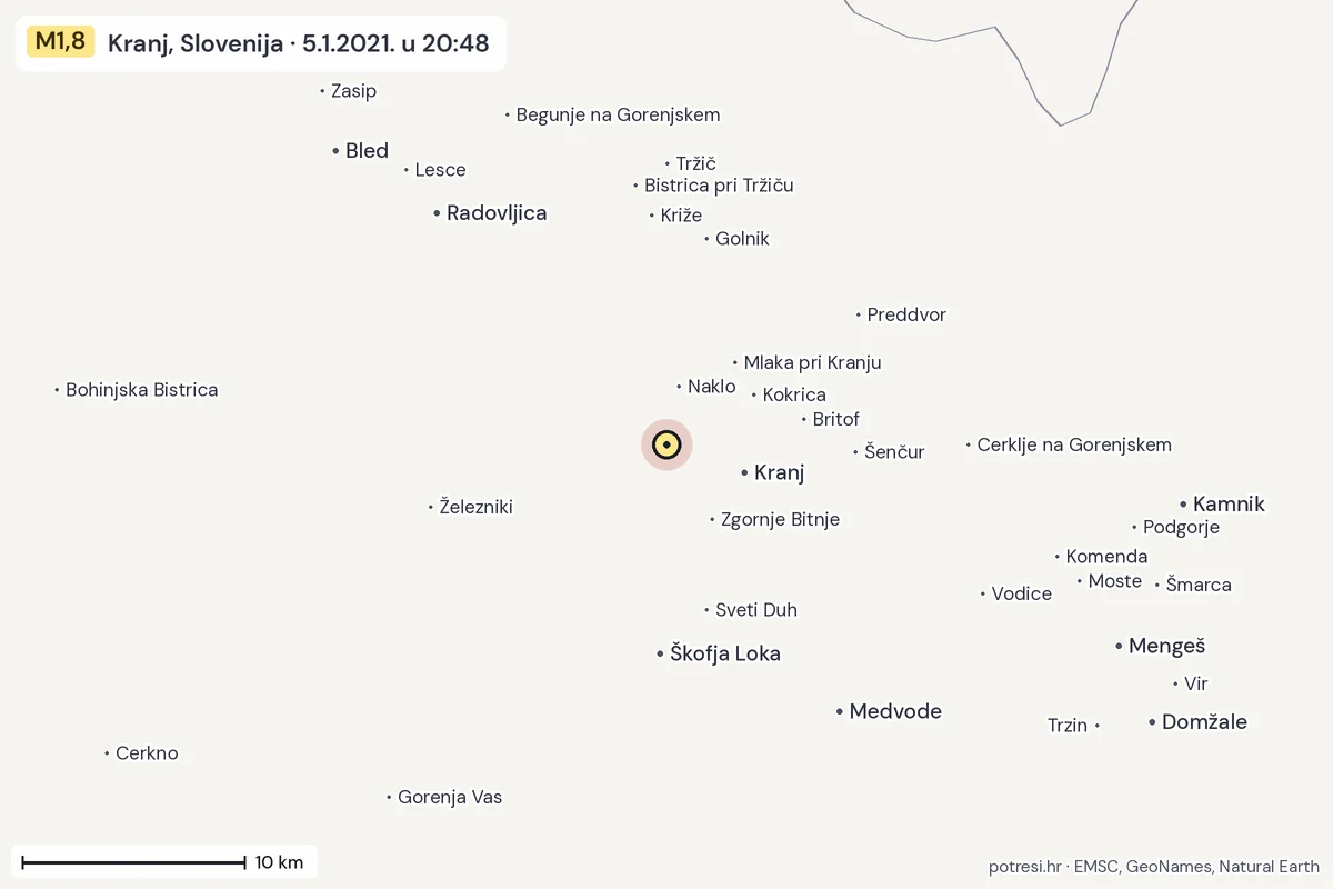 Karta: okolica epicentra, 60 km, potres M1,8, Kranj, Slovenija, 5.1.2021.