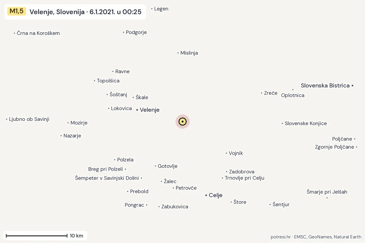 Karta: okolica epicentra, 60 km, potres M1,5, Velenje, Slovenija, 6.1.2021.