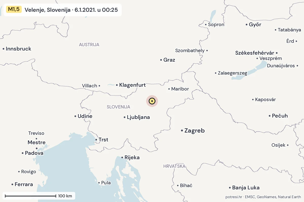Karta: šire područje, 600 km, potres M1,5, Velenje, Slovenija, 6.1.2021.