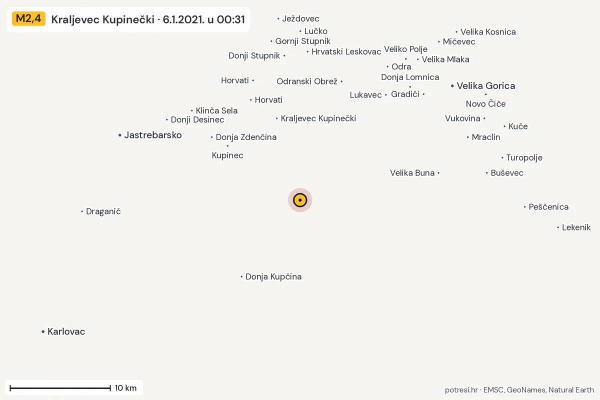Karta: okolica epicentra, 60 km, potres M2,4, Kraljevec Kupinečki, 6.1.2021.