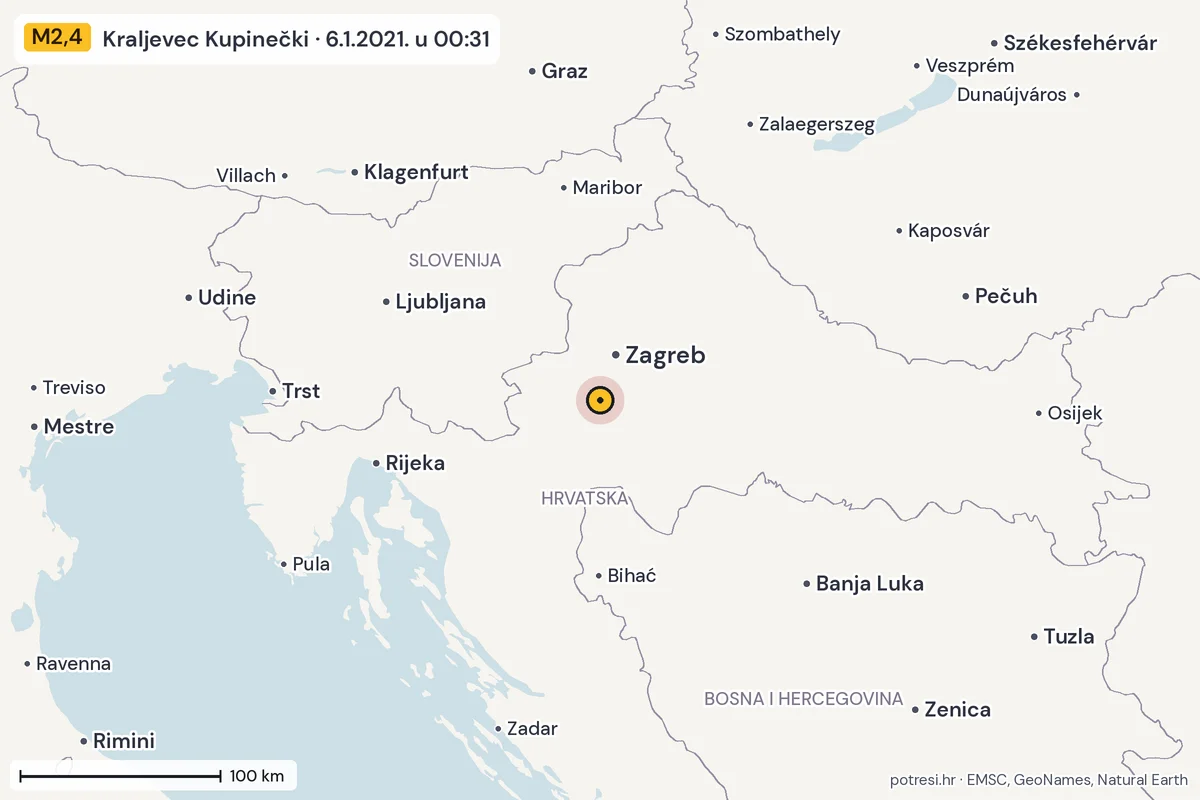 Karta: šire područje, 600 km, potres M2,4, Kraljevec Kupinečki, 6.1.2021.