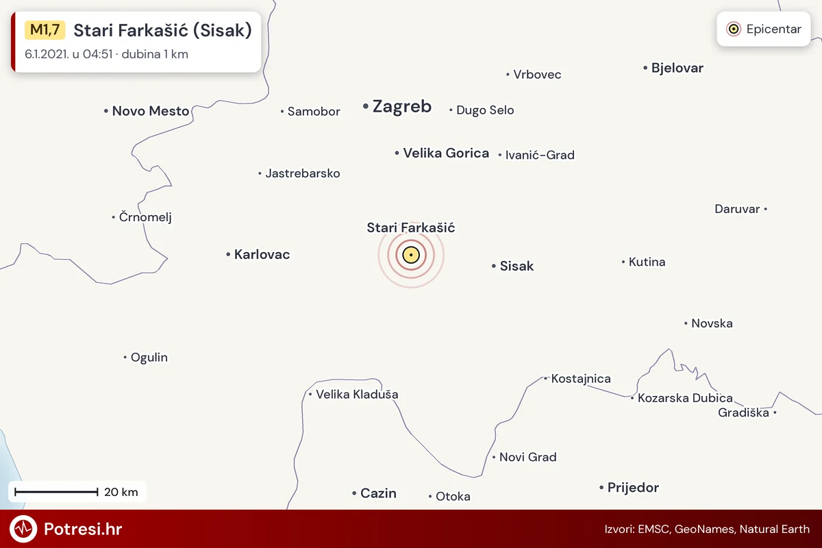 Karta: šire područje i vjerojatni doseg osjeta, potres M1,7, Stari Farkašić (Sisak), 6.1.2021.