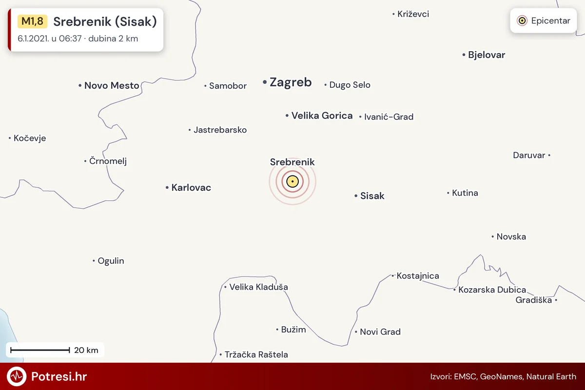 Karta: šire područje i vjerojatni doseg osjeta, potres M1,8, Srebrenik (Sisak), 6.1.2021.