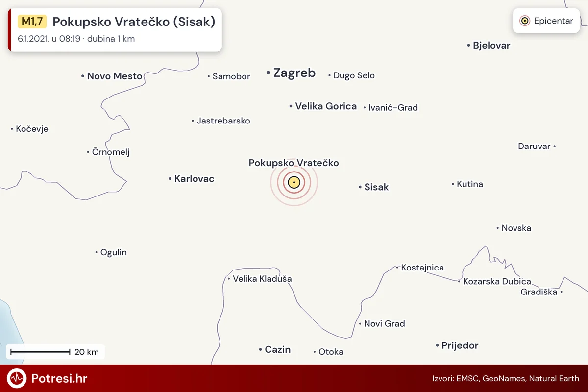 Karta: šire područje i vjerojatni doseg osjeta, potres M1,7, Pokupsko Vratečko (Sisak), 6.1.2021.