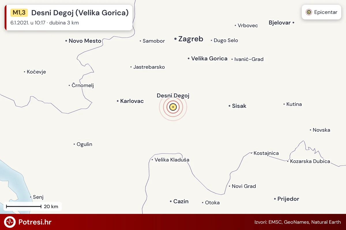 Karta: šire područje i vjerojatni doseg osjeta, potres M1,3, Desni Degoj (Velika Gorica), 6.1.2021.