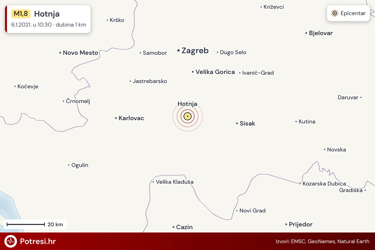 Karta: šire područje i vjerojatni doseg osjeta, potres M1,8, Hotnja, 6.1.2021.