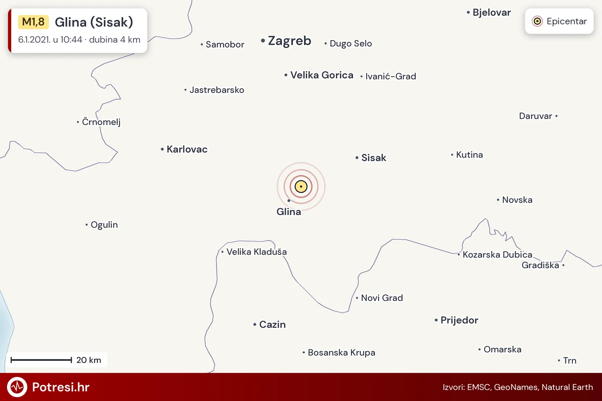 Karta: šire područje i vjerojatni doseg osjeta, potres M1,8, Glina (Sisak), 6.1.2021.