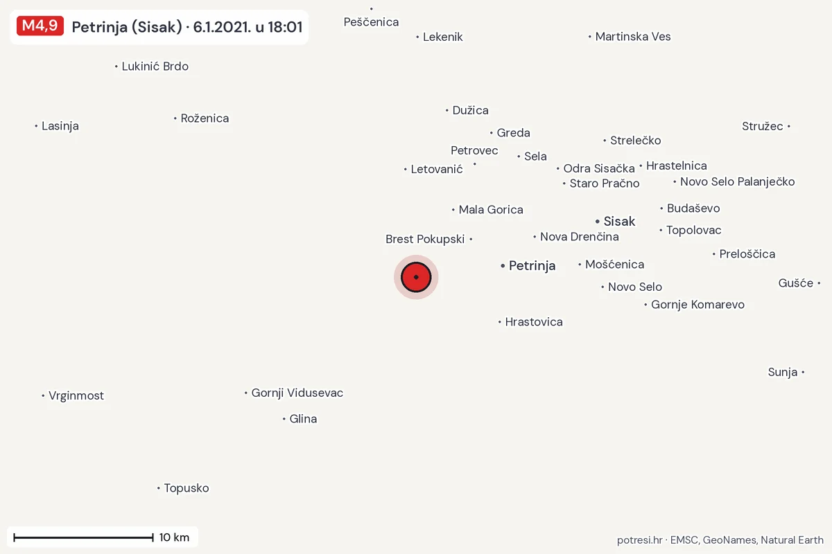 Karta: okolica epicentra, 60 km, potres M4,9, Petrinja (Sisak), 6.1.2021.