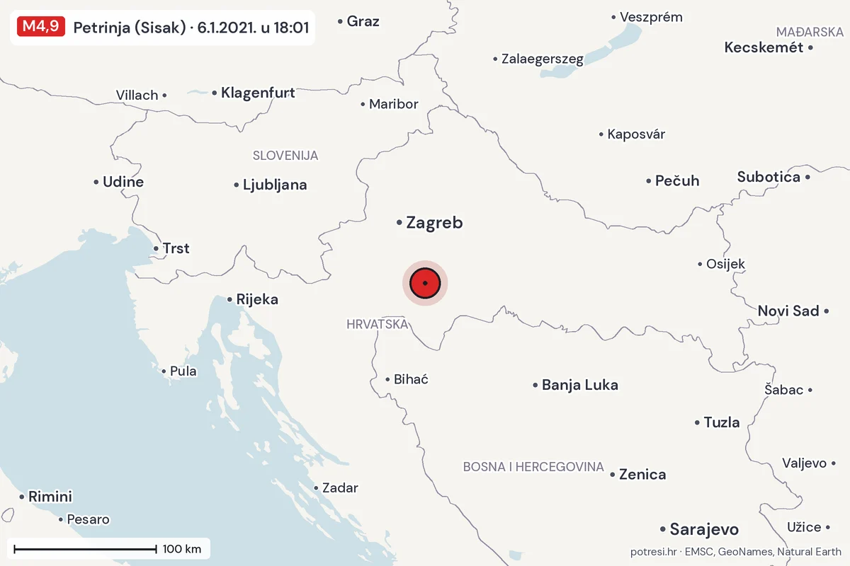 Karta: šire područje, 600 km, potres M4,9, Petrinja (Sisak), 6.1.2021.