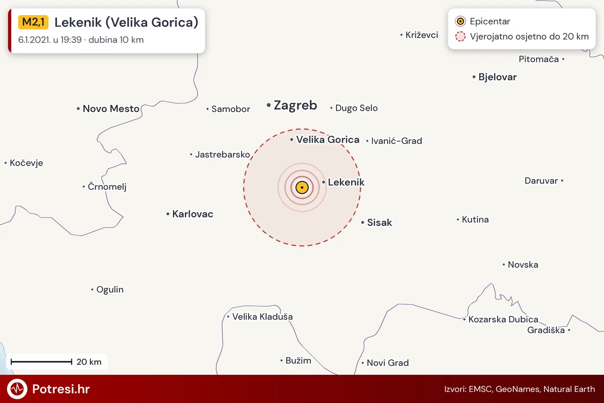 Karta: šire područje i vjerojatni doseg osjeta, potres M2,1, Lekenik (Velika Gorica), 6.1.2021.
