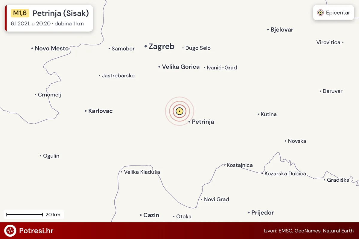 Karta: šire područje i vjerojatni doseg osjeta, potres M1,6, Petrinja (Sisak), 6.1.2021.
