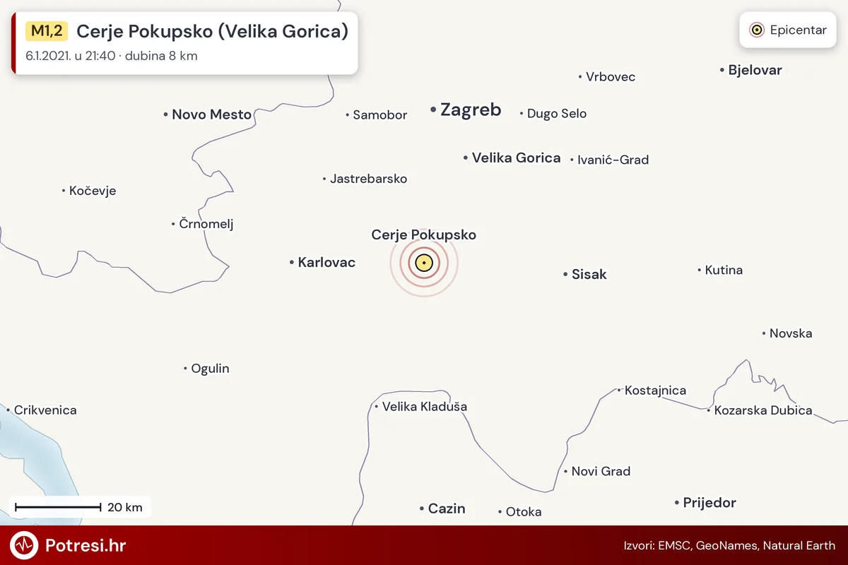 Karta: šire područje i vjerojatni doseg osjeta, potres M1,2, Cerje Pokupsko (Velika Gorica), 6.1.2021.