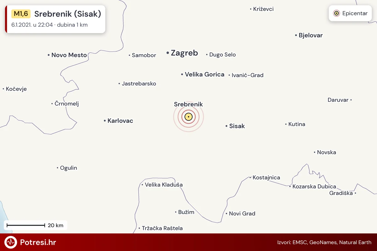 Karta: šire područje i vjerojatni doseg osjeta, potres M1,6, Srebrenik (Sisak), 6.1.2021.
