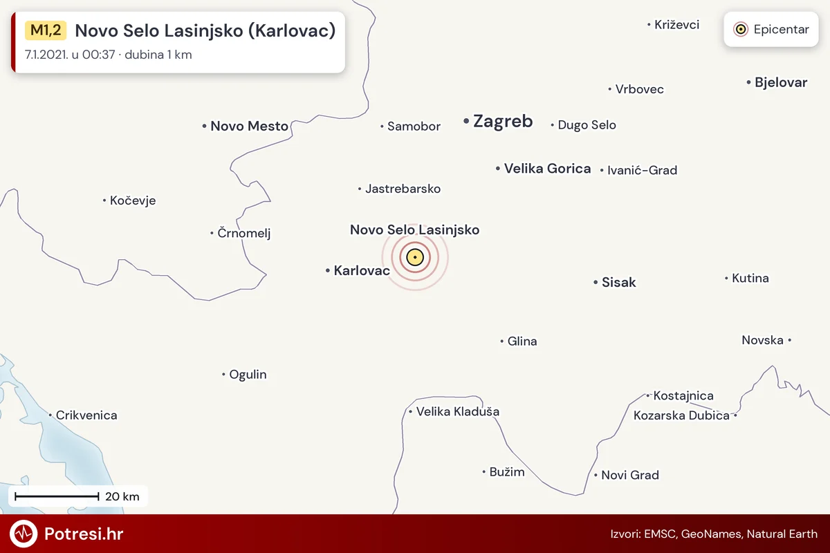 Karta: šire područje i vjerojatni doseg osjeta, potres M1,2, Novo Selo Lasinjsko (Karlovac), 7.1.2021.