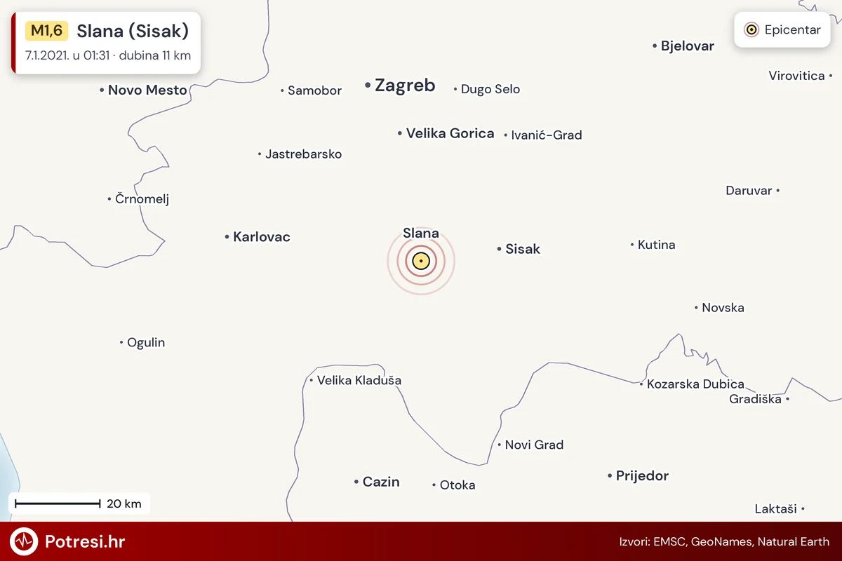 Karta: šire područje i vjerojatni doseg osjeta, potres M1,6, Slana (Sisak), 7.1.2021.