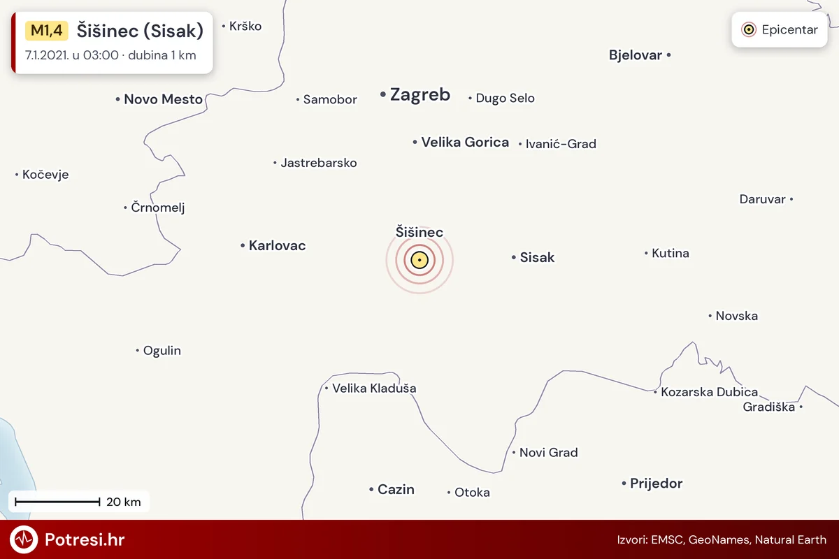 Karta: šire područje i vjerojatni doseg osjeta, potres M1,4, Šišinec (Sisak), 7.1.2021.