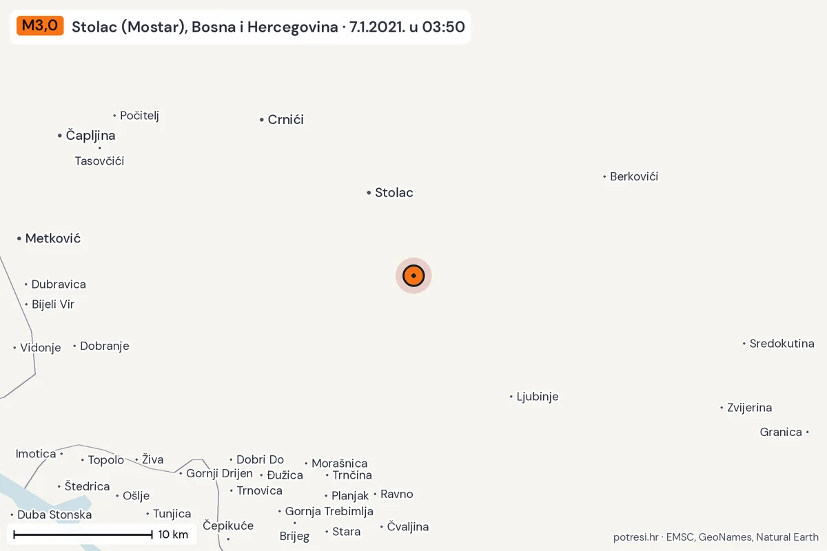 Karta: okolica epicentra, 60 km, potres M3,0, Stolac (Mostar), Bosna i Hercegovina, 7.1.2021.