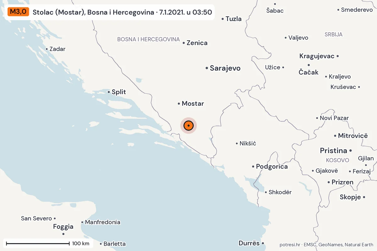 Karta: šire područje, 600 km, potres M3,0, Stolac (Mostar), Bosna i Hercegovina, 7.1.2021.