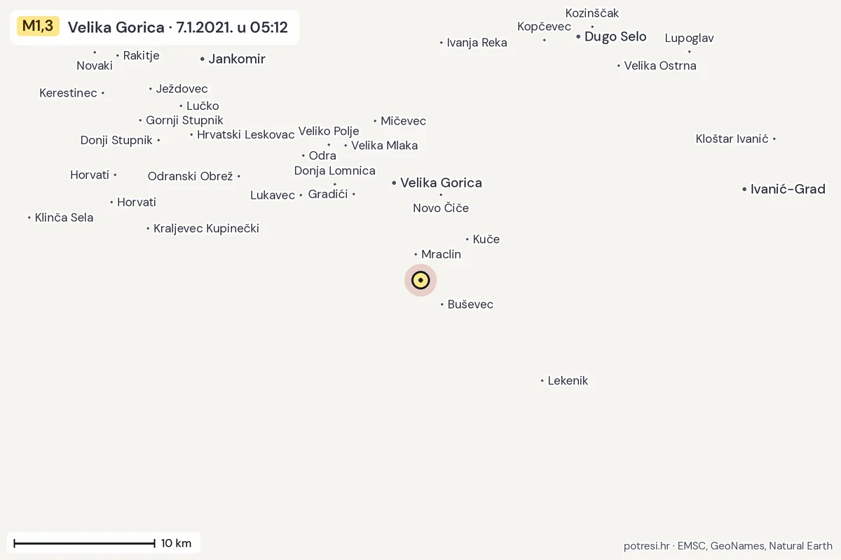 Karta: okolica epicentra, 60 km, potres M1,3, Velika Gorica, 7.1.2021.