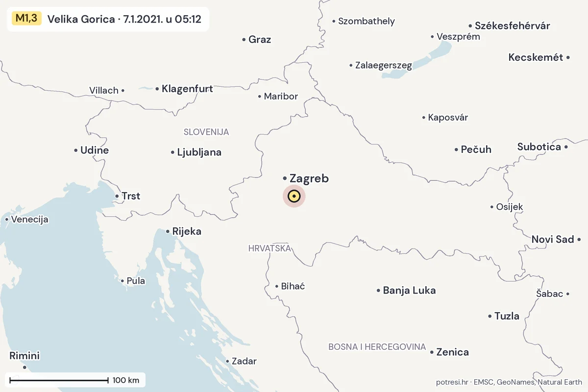 Karta: šire područje, 600 km, potres M1,3, Velika Gorica, 7.1.2021.
