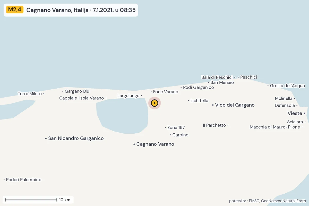 Karta: okolica epicentra, 60 km, potres M2,4, Cagnano Varano, Italija, 7.1.2021.