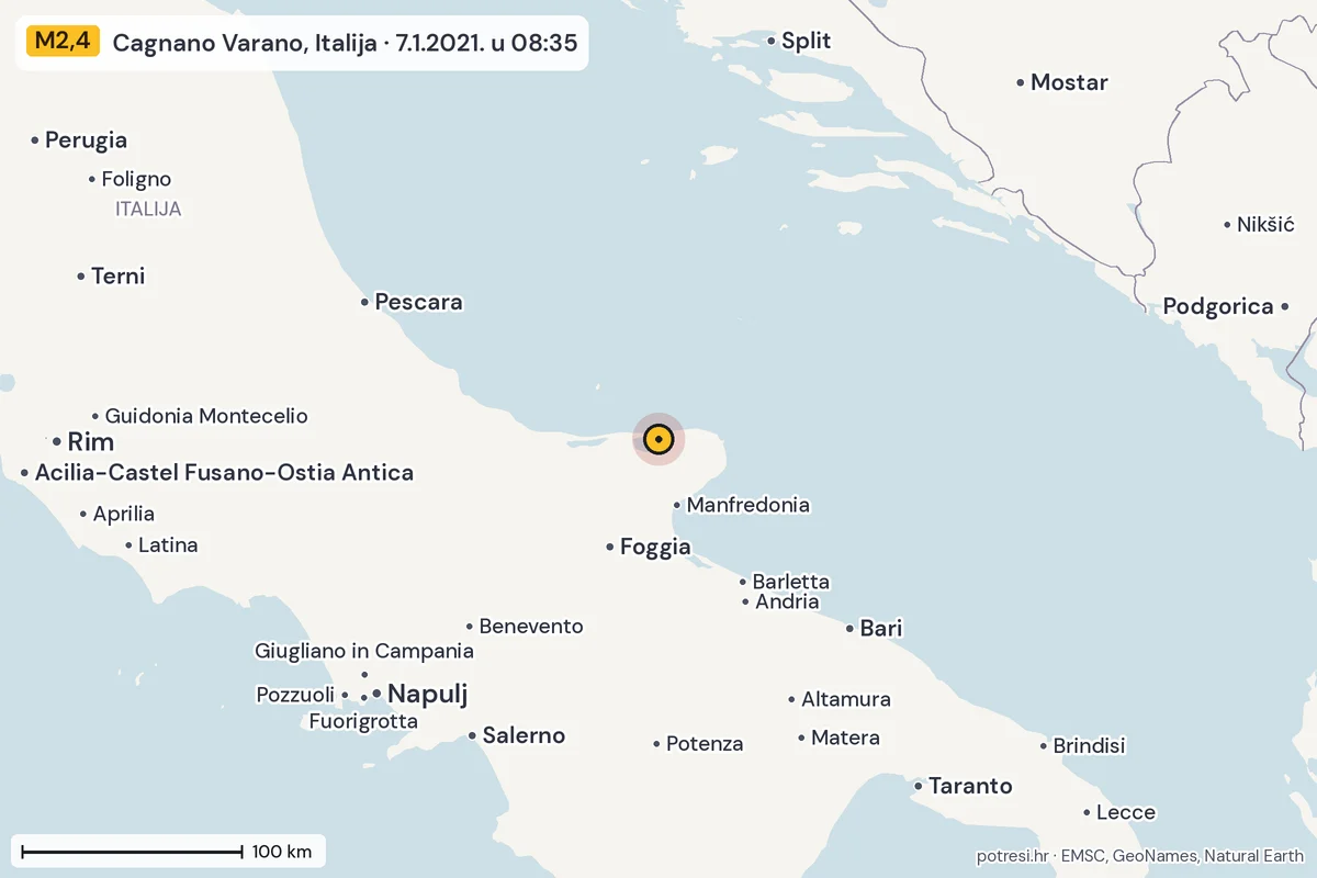 Karta: šire područje, 600 km, potres M2,4, Cagnano Varano, Italija, 7.1.2021.