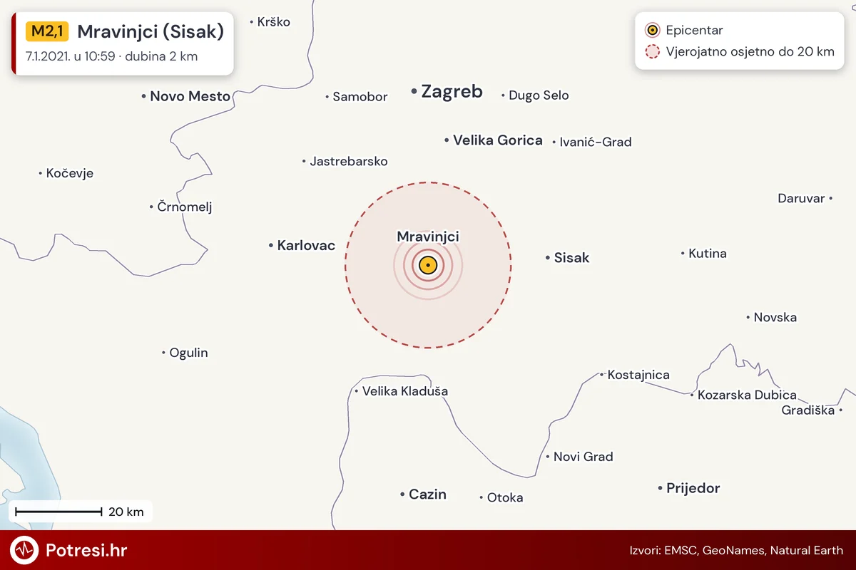Karta: šire područje i vjerojatni doseg osjeta, potres M2,1, Mravinjci (Sisak), 7.1.2021.