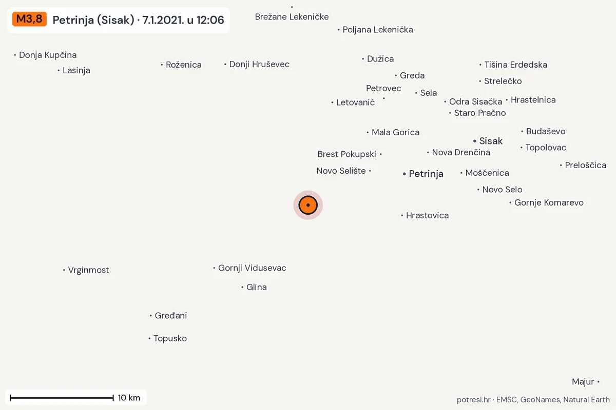 Karta: okolica epicentra, 60 km, potres M3,8, Petrinja (Sisak), 7.1.2021.