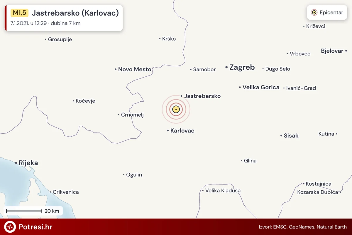 Karta: šire područje i vjerojatni doseg osjeta, potres M1,5, Jastrebarsko (Karlovac), 7.1.2021.