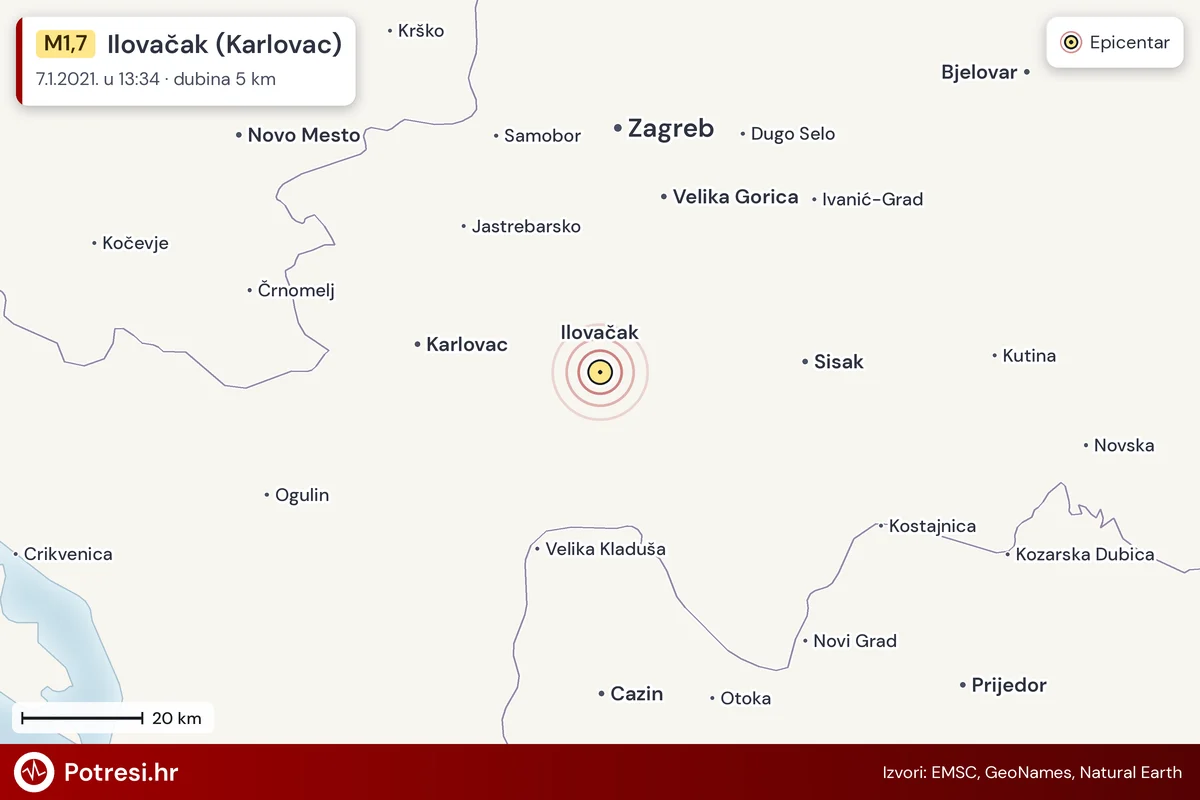 Karta: šire područje i vjerojatni doseg osjeta, potres M1,7, Ilovačak (Karlovac), 7.1.2021.