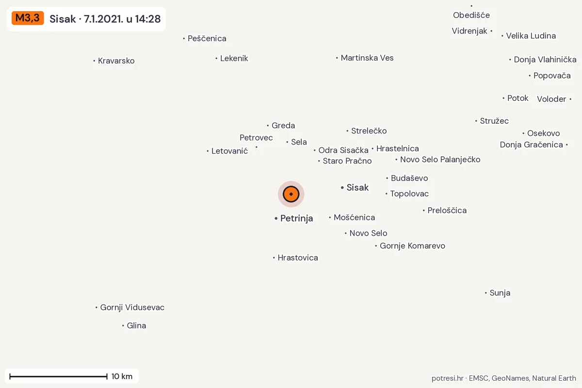 Karta: okolica epicentra, 60 km, potres M3,3, Sisak, 7.1.2021.