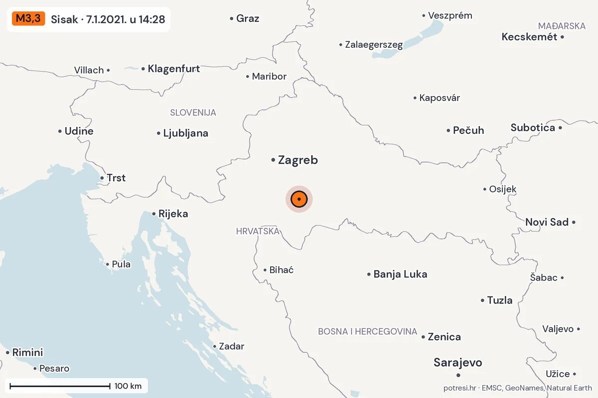 Karta: šire područje, 600 km, potres M3,3, Sisak, 7.1.2021.