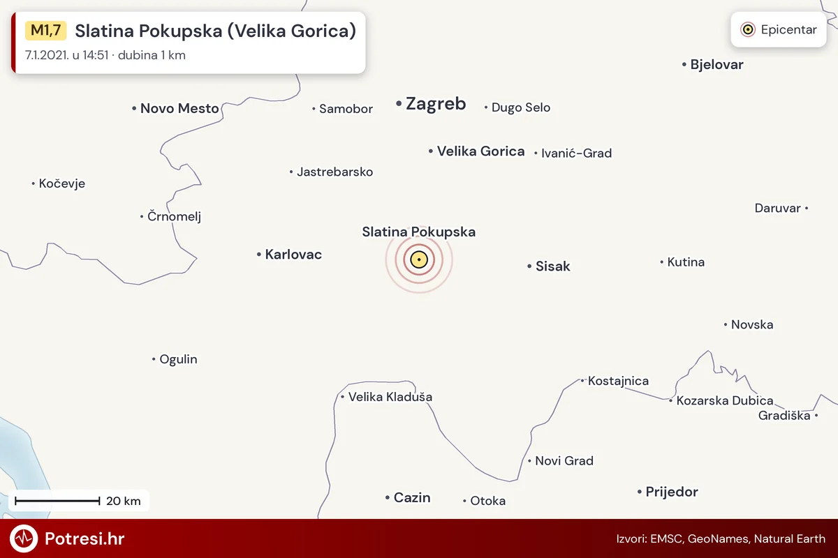 Karta: šire područje i vjerojatni doseg osjeta, potres M1,7, Slatina Pokupska (Velika Gorica), 7.1.2021.