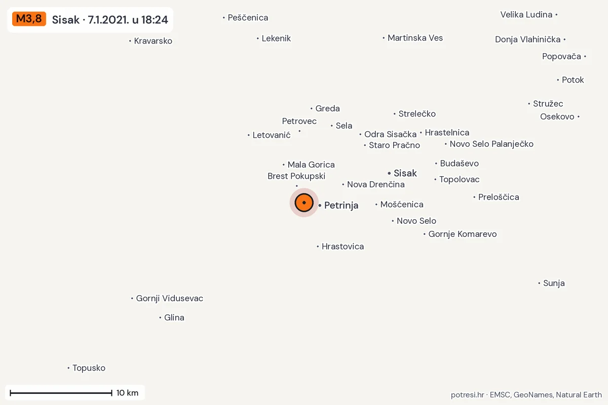 Karta: okolica epicentra, 60 km, potres M3,8, Sisak, 7.1.2021.