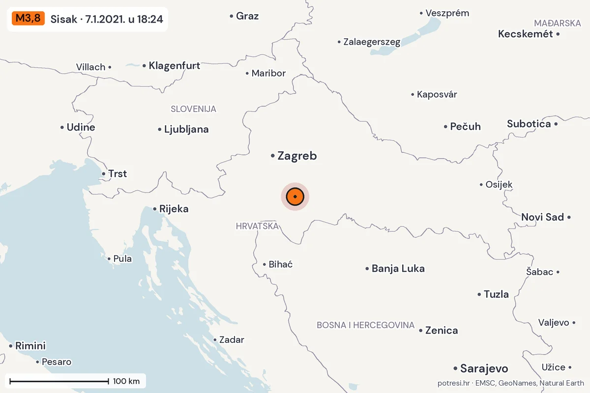 Karta: šire područje, 600 km, potres M3,8, Sisak, 7.1.2021.