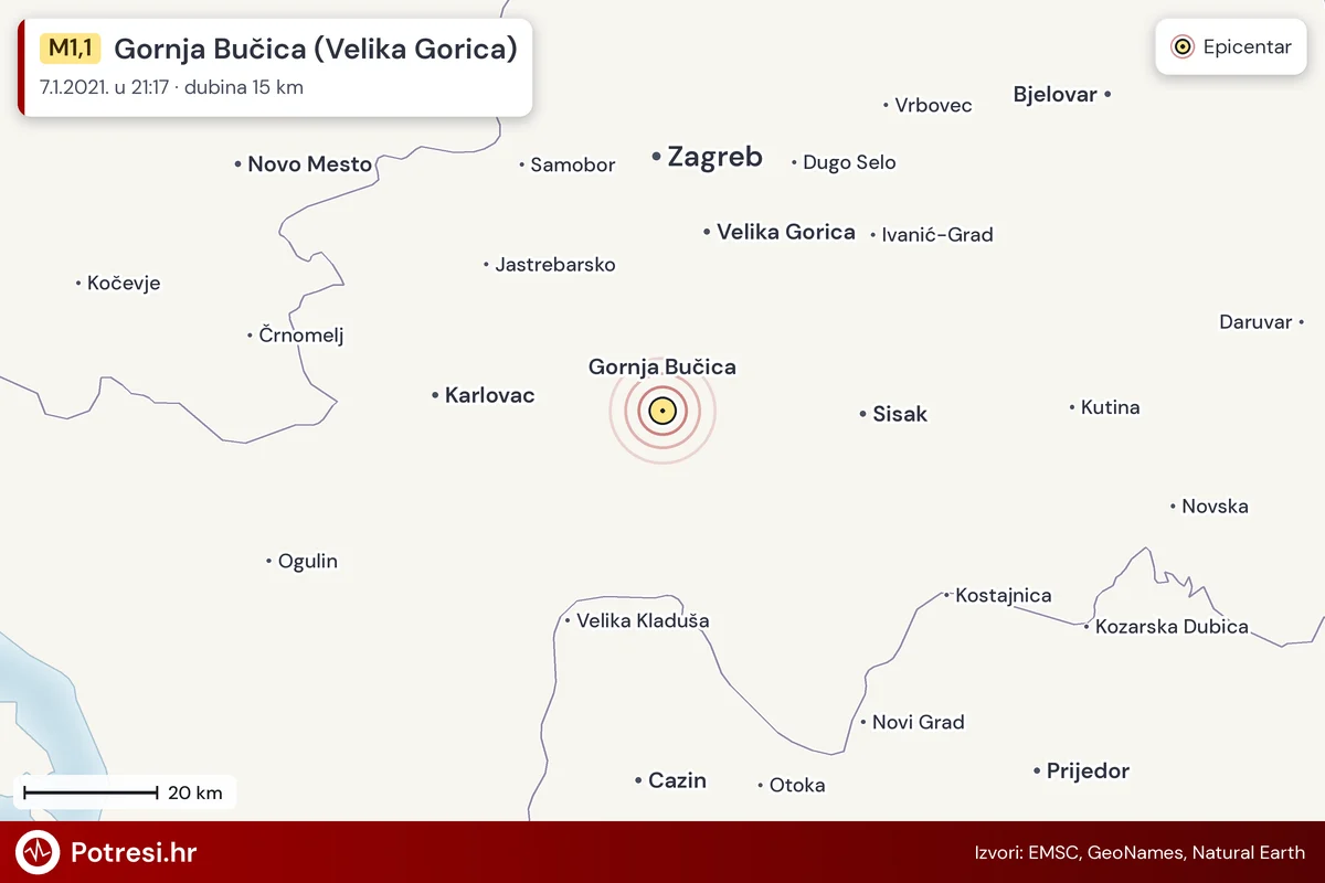 Karta: šire područje i vjerojatni doseg osjeta, potres M1,1, Gornja Bučica (Velika Gorica), 7.1.2021.