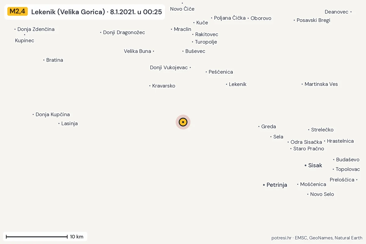Karta: okolica epicentra, 60 km, potres M2,4, Lekenik (Velika Gorica), 8.1.2021.